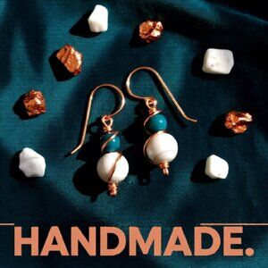 Petrol Blue - Teal Blue & Egg-Shell Cream Stone Beaded Earrings ~ Handmade 4 You